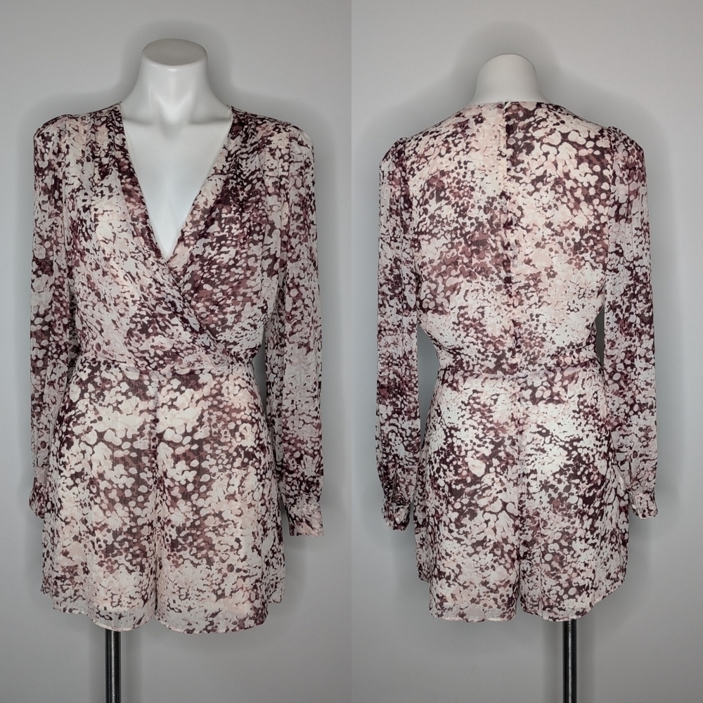 NWT Express white purple abstract v neck long sleeve romper S